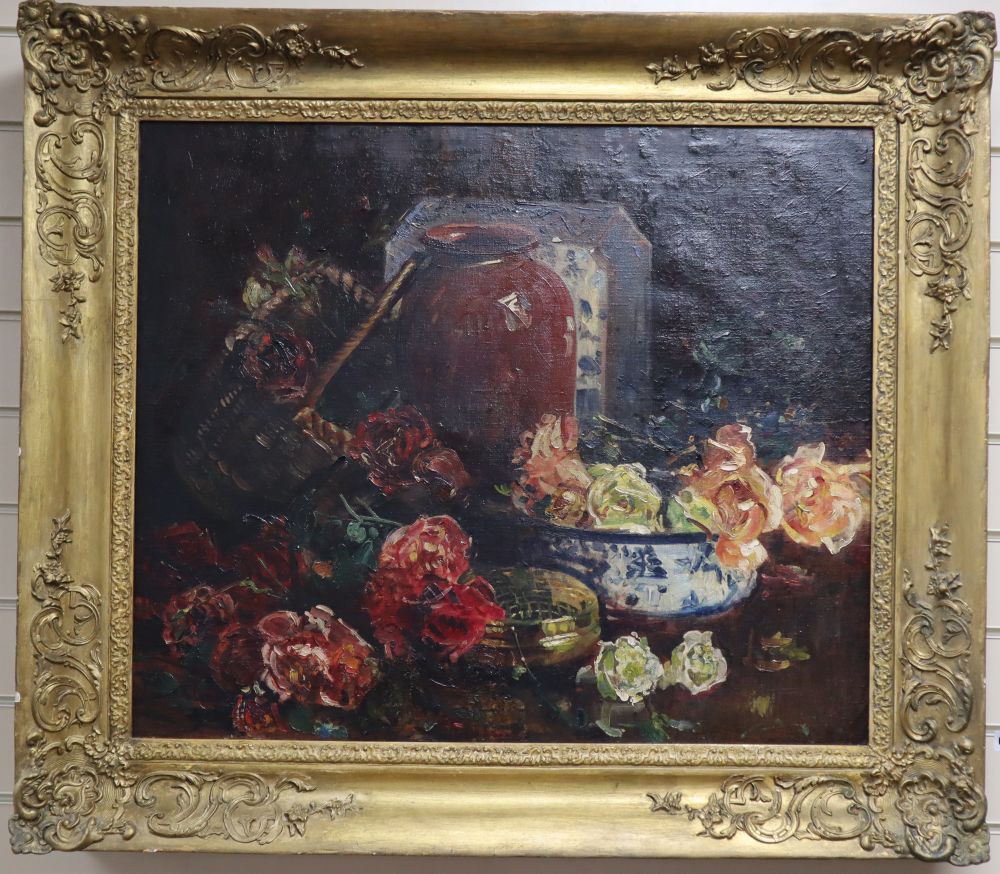 English School c.1900, oil on canvas, Table top still life with roses, 62 x 74cm